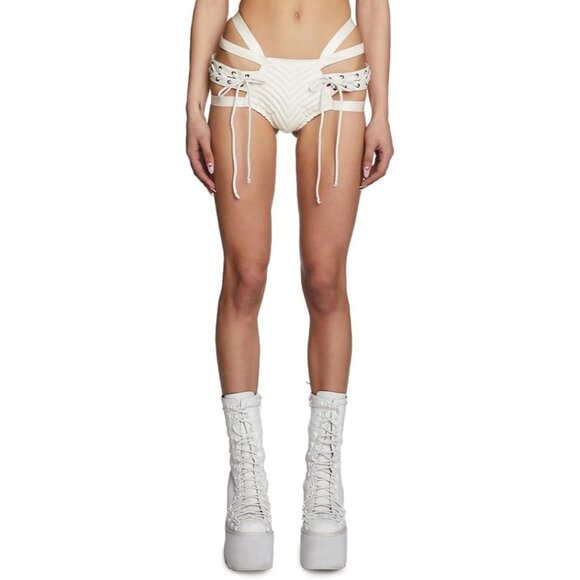 Women White Vegan Leather Dolls Kill Rude Awakening Lace-Up Shorts by Club - Picture 2 of 8